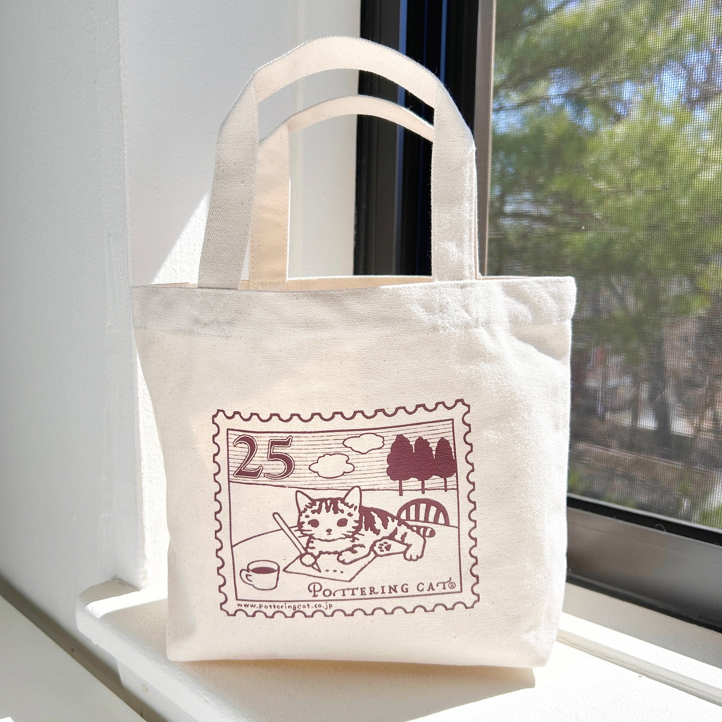 Pottering Cat Small Canvas Tote Bag - Stamp Collecting