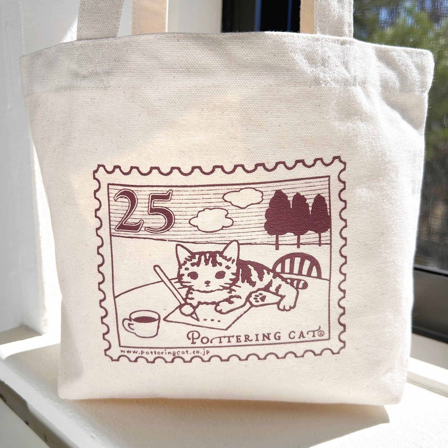 Pottering Cat Small Canvas Tote Bag - Stamp Collecting