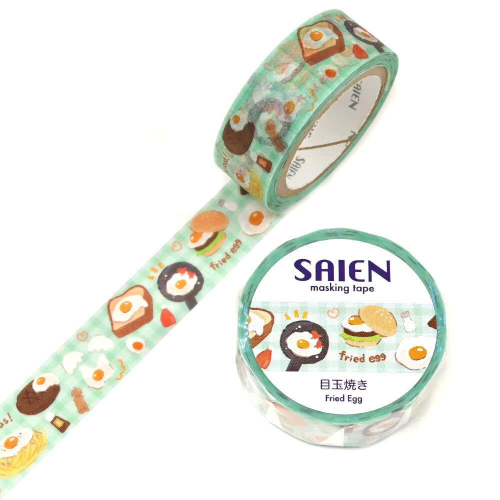 Washi tape of sunny side up eggs served in various dishes like egg on toast, egg in burger, egg over noodles
