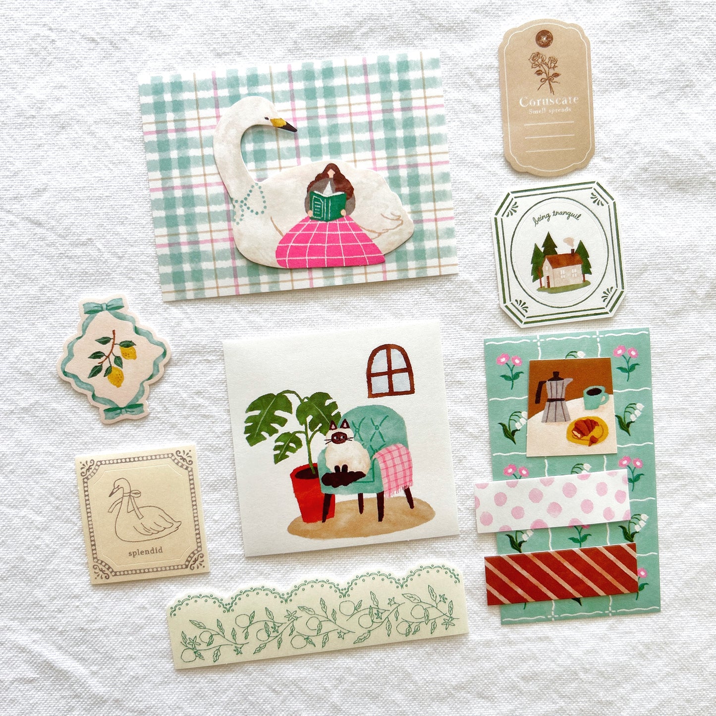 Mind Wave Yori-Dori Flake Stickers - Swan and Reading