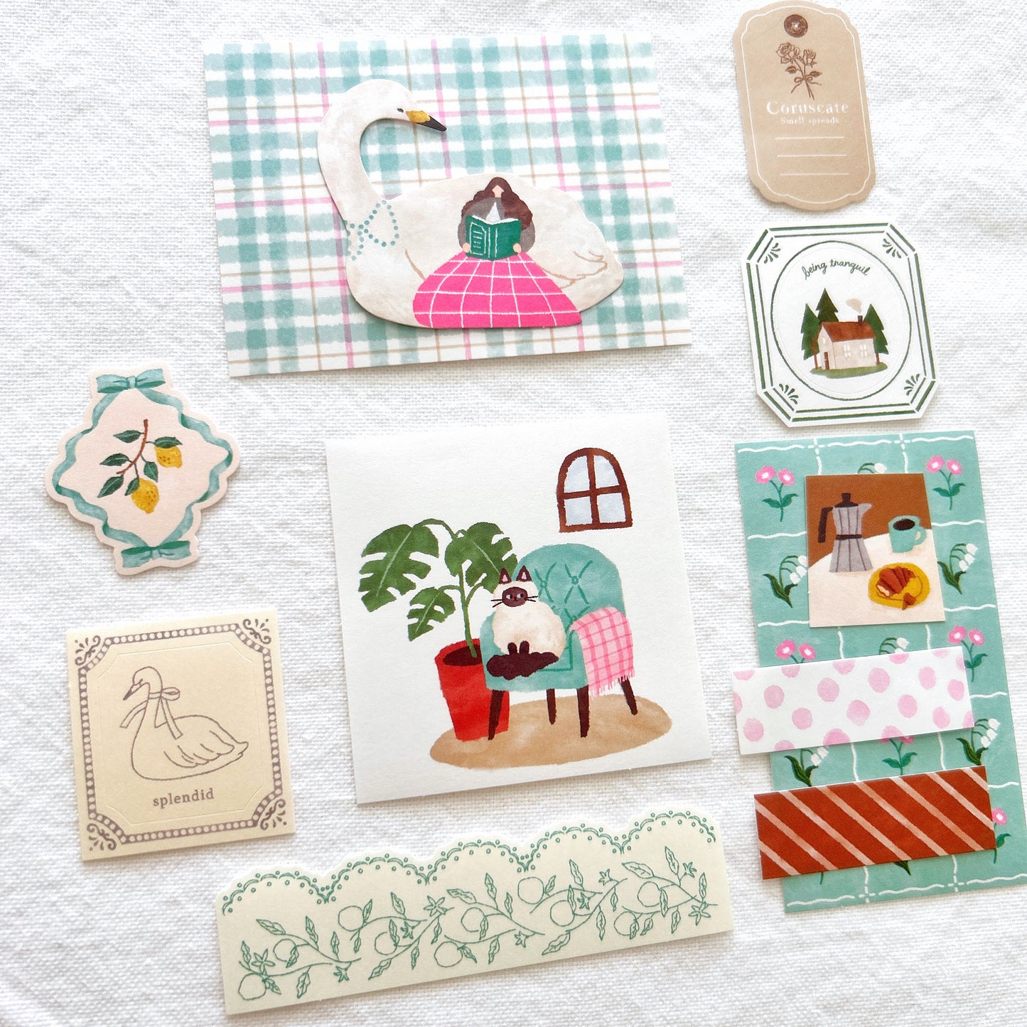 Mind Wave Yori-Dori Flake Stickers - Swan and Reading