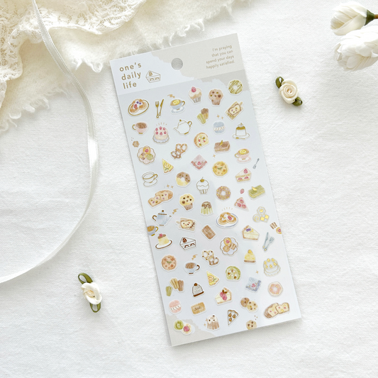 Mind Wave One's Daily Life Gold Foil Sticker – Sweets. Perfect for decorating planners, recipe journals, or treat-themed crafts, this sheet brings the joy of sweets to your daily life.