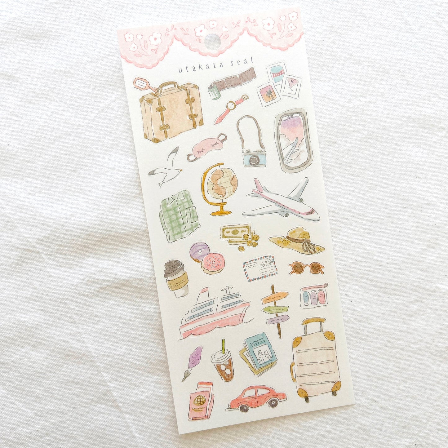 Sheet of travel-themed stickers illustrated with soft watercolors