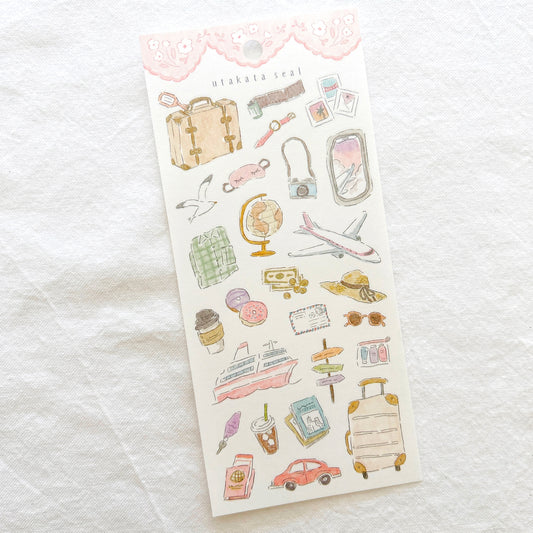 Sheet of travel-themed stickers illustrated with soft watercolors