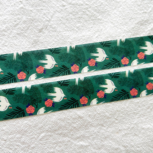 Washi tape of turtle doves and roses on a green background