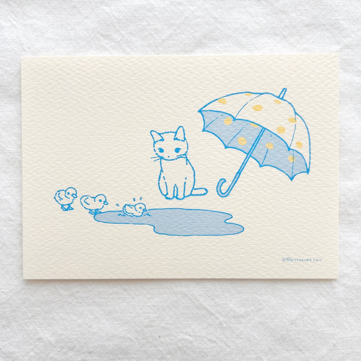 Pottering Cat Postcard - Polka Dot Umbrella