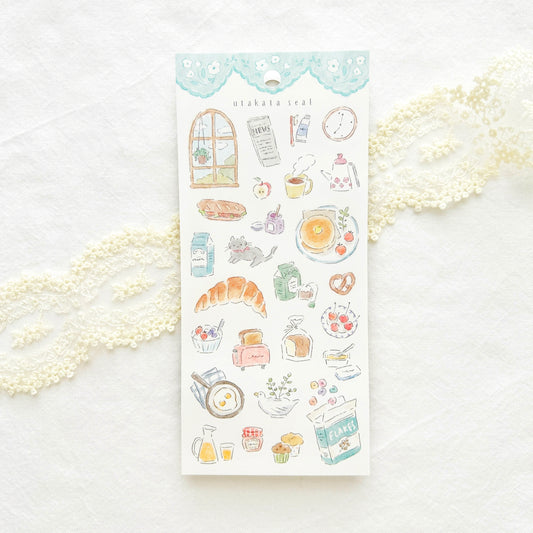 Sticker sheet with morning food items like croissant, toast, cereal and egg illustrations