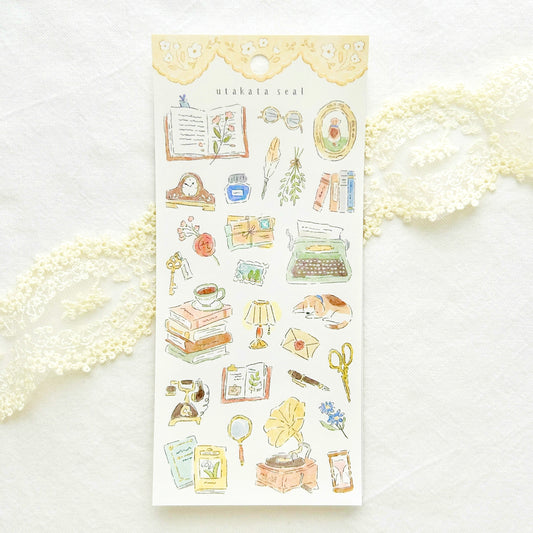 Sticker sheet with books, typewriter, telephone and various room item illustrations