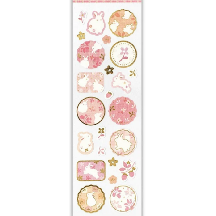 Wanowa Sticker Sheet - Rabbit, featuring charming Japanese-inspired rabbit illustrations with floral accents, ideal for decorating journals, planners, and crafts.