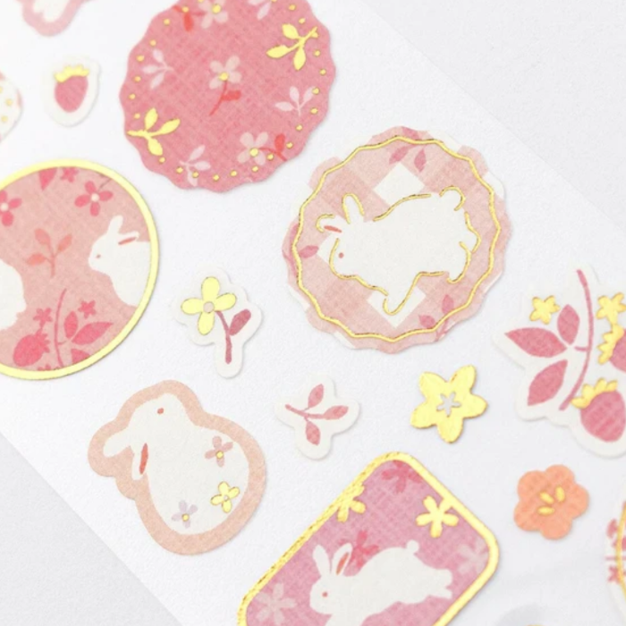 Wanowa Sticker Sheet - Rabbit, featuring charming Japanese-inspired rabbit illustrations with floral accents, ideal for decorating journals, planners, and crafts.