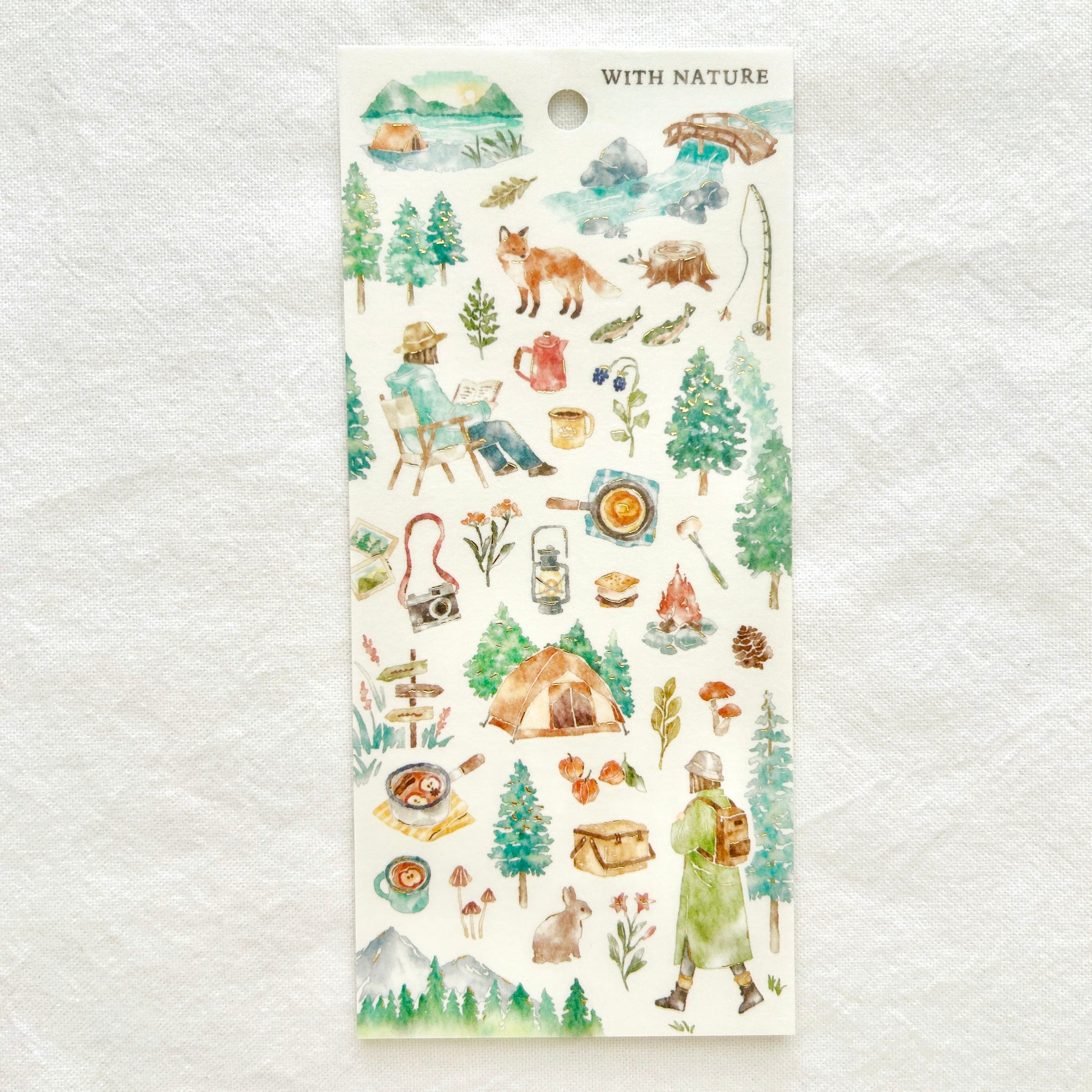 Sticker sheet  features soothing watercolor style illustrations of hiking the great outdoors adorned with delicate gold foil details. 