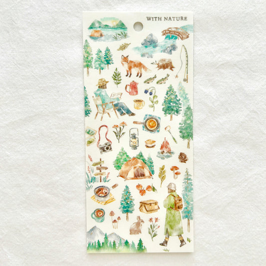 Sticker sheet  features soothing watercolor style illustrations of hiking the great outdoors adorned with delicate gold foil details. 