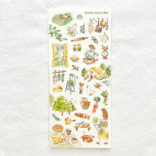 Sticker sheet  features soothing watercolor style illustrations of cozy foods adorned with delicate gold foil details. 
